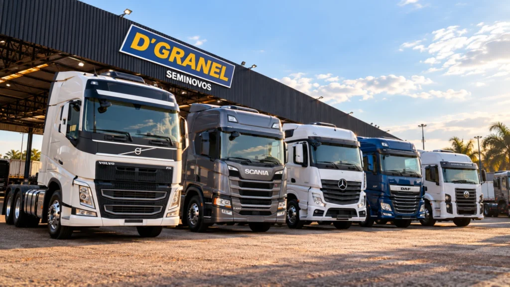 Variedade de caminhões seminovos de diferentes marcas e modelos – D'Granel Seminovos